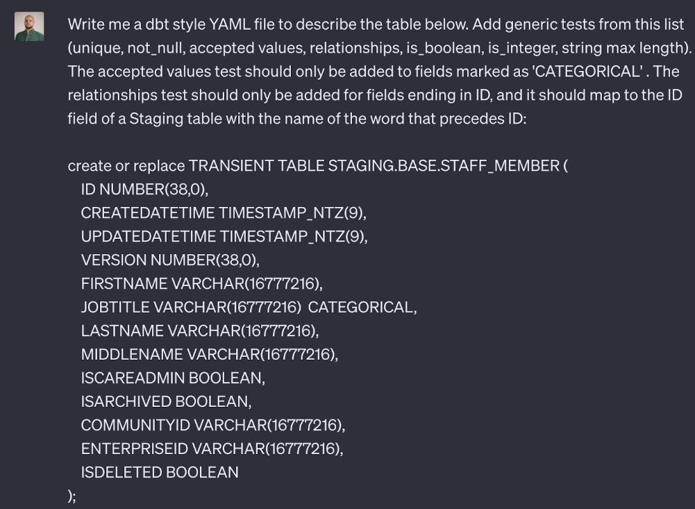 ChatGPT request to write dbt-style YAML with generic tests ChatGPT request to write dbt-style YAML with generic tests
